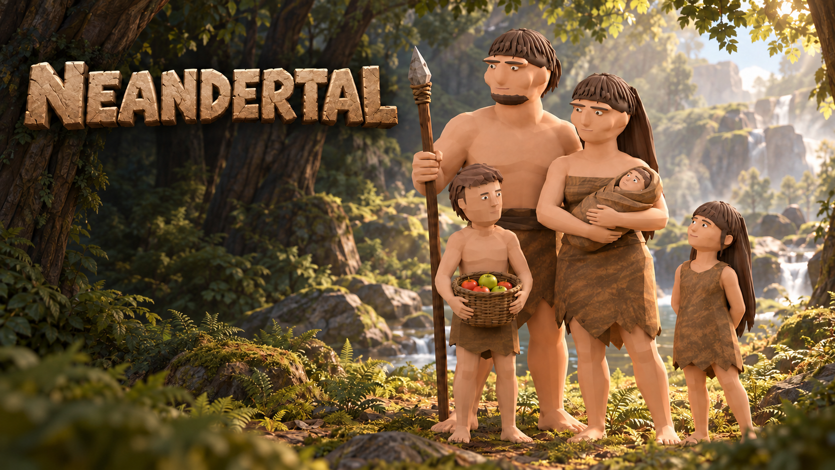 Caràtula de Neandertal: una família de cinc neandertals en una vall boscosa, amb el logotip de pedra del joc.